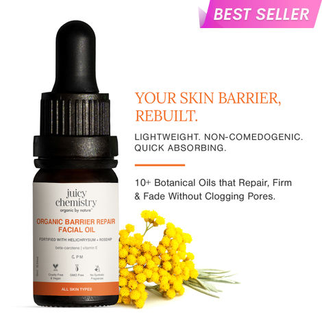 Buy Juicy Chemistry Organic Barrier Repair Facial Oil with Helichrysum + Rosehip, 10 ml | Repairs Skin Barrier | Reduces Pigmentation & Dark Spots | Boosts Glow | Promotes Even Skin Tone | Dermatologically Tested-Purplle