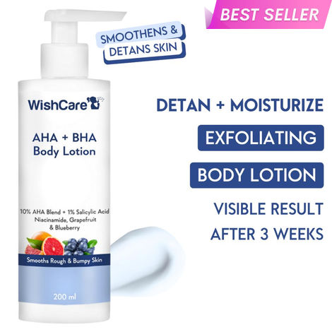 Buy WishCare AHA + BHA Body Lotion for DeTan-10% AHA + 1% Salicylic Acid- Niacinamide, Grapefruit & Blueberry - 200 ml-Purplle