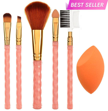 Buy AY Makeup Brush Set Of 5 With 1 Cut Shape Make up Sponge Puff (Color May Vary)-Purplle
