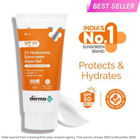 Buy The Derma Co. 1% Hyaluronic Sunscreen Aqua Gel with SPF 50 & PA++++ for Broad Spectrum & Blue Light Protection - 80 gm| In-Vivo Tested-Purplle