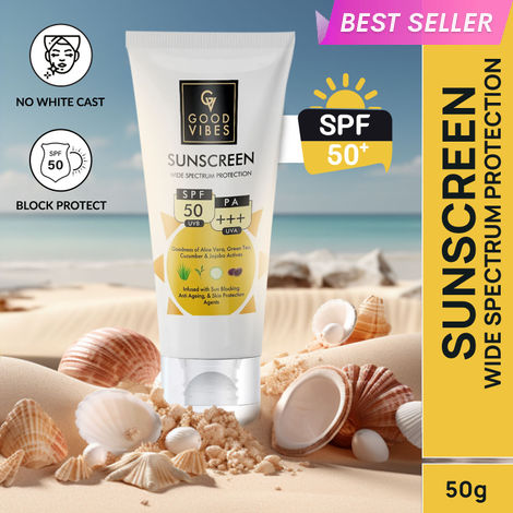 Buy Good Vibes Wide Spectrum Protection Sunscreen with SPF 50 | With Aloe Vera, Cucumber, Green Tea & Jojoba | Non-Greasy, For All Skin Types | 50 g-Purplle