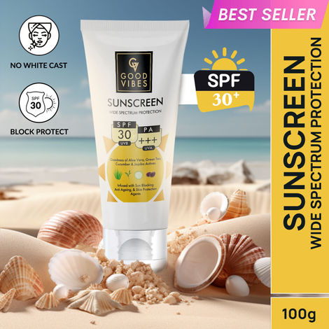 Buy Good Vibes Wide Spectrum Protection Sunscreen with SPF 30 | Non-Greasy, Anti-Ageing | With Aloe Vera | No Parabens, No Animal Testing (100 g)-Purplle