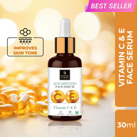 Buy Good Vibes Vitamin C & E Age Defying Serum | Reduces Wrinkles, Lighten Scars | No Parabens, No Sulphates, No Mineral Oil, No Animal Testing (30 ml)-Purplle