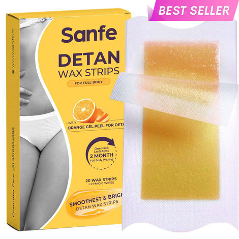 Buy Sanfe Detan Wax Strips | For Legs, Arms, Bikini Line | Easy Cold Gel Formula, Orange Peel Extract, Glycerine, Vitamin C | For Waxing & Detanning | No Heating Required | Long-Lasting Results | Salon Like Results | For Indian Skin | 20 Wax Strips-Purplle