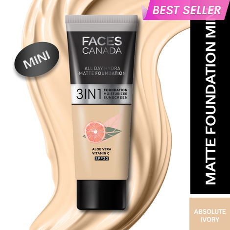 FACES CANADA All Day Hydra Matte Foundation (Mini) | 3IN1 Foundation + Moisturizer + SPF30 | 10HR Long Wear | Buildable Coverage | Absolute Ivory, 15ml