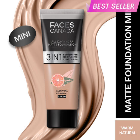 Buy FACES CANADA All Day Hydra Matte Foundation (Mini) | 3IN1 Foundation + Moisturizer + SPF30 | 10HR Long Wear | Buildable Coverage | Warm Natural 15 ml-Purplle