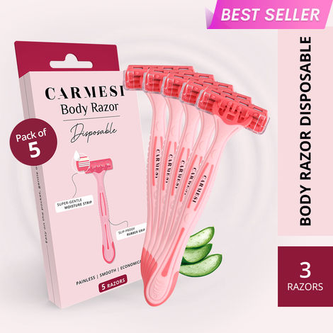 Buy Carmesi Disposable Body Razors for Women - Pack of 5 | Aloe Vera & Vitamin E Moisture Strip For Smooth & Painless Hair Removal | Slip-Proof Rubber Grip | Safe, Hygienic & Economical-Purplle