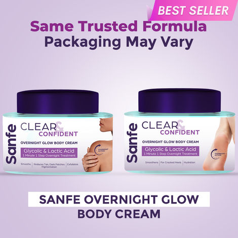 Buy Sanfe Clear & Confident Overnight Glow Body Cream | Exfoliates | Reduces Dark Patches & Pigmentation | Removes Body Tan with Lactic & Glycolic Acid | Smooth Skin |100g-Purplle