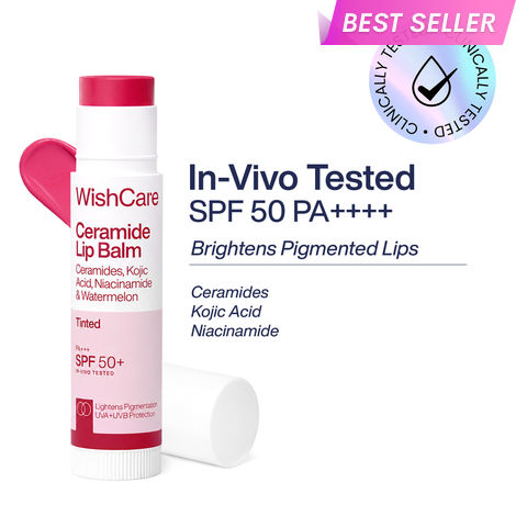 Buy WishCare Tinted Ceramide Brightening Lip Balm with SPF50 PA+++|In-Vivo Tested|Kojic Acid & Niacinamide|Fades Pigmentation and Heals Dry & Chapped Lips|Long Lasting Moisturization with UVA/UVB Protection|5 gm-Purplle