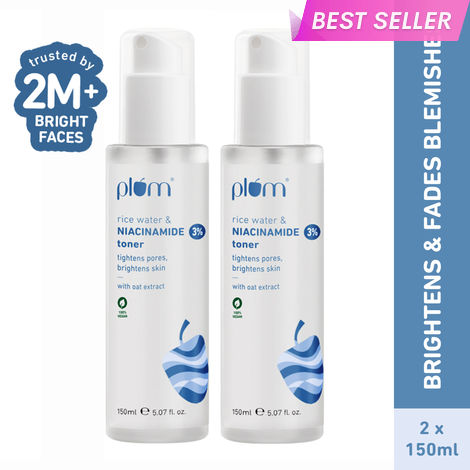 Plum 3% Niacinamide Toner with Rice Water |Brightening Toner Duo | With Rice Water & Niacinamide | Brightens Skin | Reduces Pores & Blemishes | Alcohol-Free | Pack of 2 | 150ml