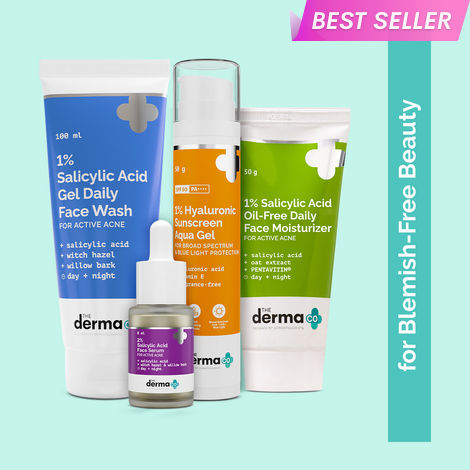 Buy The Derma Co. Acne Defense CSMS Combo : Salicylic Acid Daily Face Wash (100 ml) + 2% Salicylic Acid Face Serum (8 ml) + Salicylic Acid Oil-Free Daily Moisturizer (50 g) + Hyaluronic Sunscreen Aqua Gel (50g)-Purplle