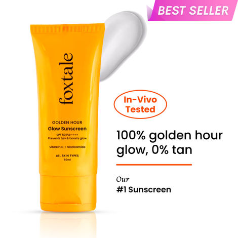Buy Foxtale Glow Sunscreen SPF 50 PA++++ Lightweight with Vitamin C and Niacinamide | Fast Absorbing | UVA and UVB filters Prevents Tanning | No White Cast | Non-Greasy | For Men & Women | All Skin Types - 50 ml-Purplle
