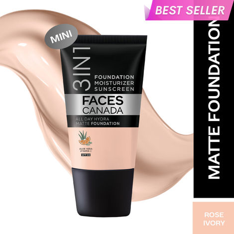 Buy FACES CANADA All Day Hydra Matte Foundation - Mini | 3-in-1 Foundation + Moisturizer + SPF 30 | 24 HR Aloe Hydration & Vitamin C | 10HR Long Wear | Medium to High Buildable Coverage | Rose Ivory | 18 ml-Purplle