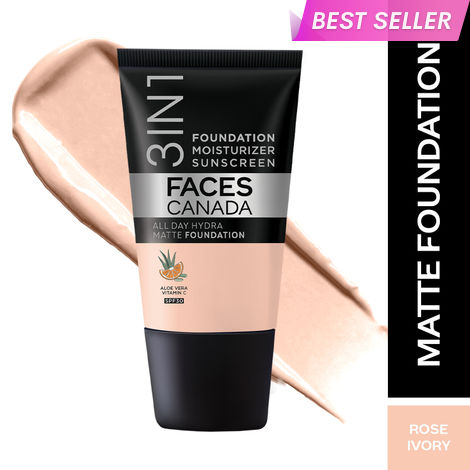 Buy FACES CANADA All Day Hydra Matte Foundation - Mini | 3-in-1 Foundation + Moisturizer + SPF 30 | 24 HR Aloe Hydration & Vitamin C | 10HR Long Wear | Medium to High Buildable Coverage | Rose Ivory | 18 ml-Purplle