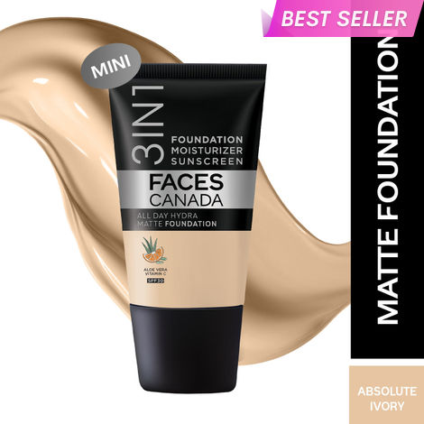 Buy FACES CANADA All Day Hydra Matte Foundation - Mini | 3-in-1 Foundation + Moisturizer + SPF 30 | 24 HR Aloe Hydration & Vitamin C | 10HR Long Wear | Medium to High Buildable Coverage | Absolute Ivory | 18 ml-Purplle