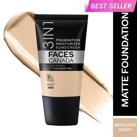 Buy FACES CANADA All Day Hydra Matte Foundation - Mini | 3-in-1 Foundation + Moisturizer + SPF 30 | 24 HR Aloe Hydration & Vitamin C | 10HR Long Wear | Medium to High Buildable Coverage | Absolute Ivory | 18 ml-Purplle