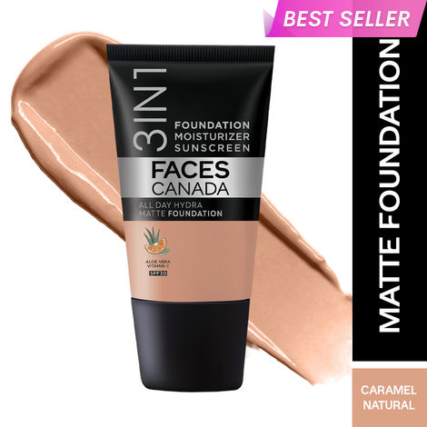 Buy FACES CANADA All Day Hydra Matte Foundation - Mini | 3-in-1 Foundation + Moisturizer + SPF 30 | 24 HR Aloe Hydration & Vitamin C | 10HR Long Wear | Medium to High Buildable Coverage | Caramel Natural | 18 ml-Purplle