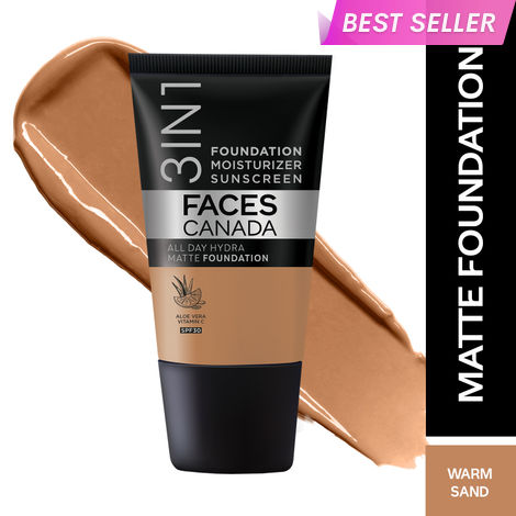 Buy FACES CANADA All Day Hydra Matte Foundation - Mini | 3-in-1 Foundation + Moisturizer + SPF 30 | 24 HR Aloe Hydration & Vitamin C | 10HR Long Wear | Medium to High Buildable Coverage | Warm Sand | 18 ml-Purplle
