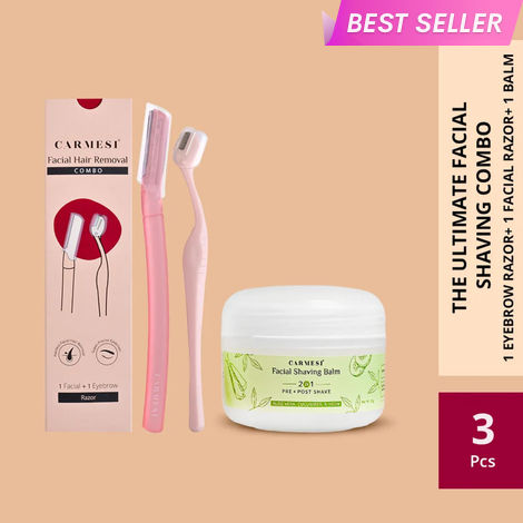 Buy Carmesi Women's Facial Hair Removal Combo | 1 Facial Razor, 1 Eyebrow Razor, 1 Facial Shaving Balm | Instant & Painless Hair Removal | For Eyebrows, Upper Lip, Forehead, Peach Fuzz, Chin and Sideburns - Combo of 3-Purplle