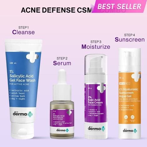 Buy The Derma Co. Acne Defense CSMS Combo : Salicylic Acid Daily Face Wash (100 ml) + 2% Salicylic Acid Face Serum (8 ml) + Kojic Acid Face Cream (30g) + Hyaluronic Sunscreen Aqua Gel (50g) - Combo of 4-Purplle