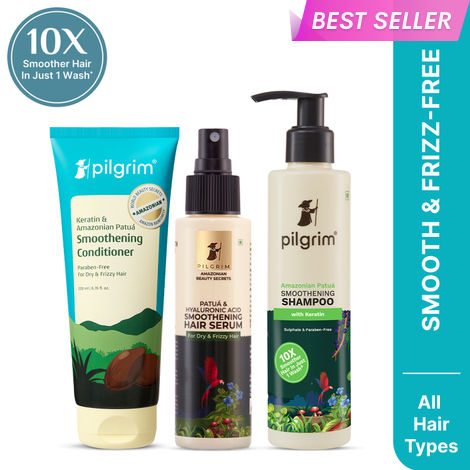 Buy Pilgrim Patua Hair Essential Trio | Smoothening Shampoo | Conditioner | Serum for Frizz-Free Nourished Hair | Sulfate-Free | 200 ml + 200 ml + 100 ml, Combo of 3, Skincare Kit-Purplle