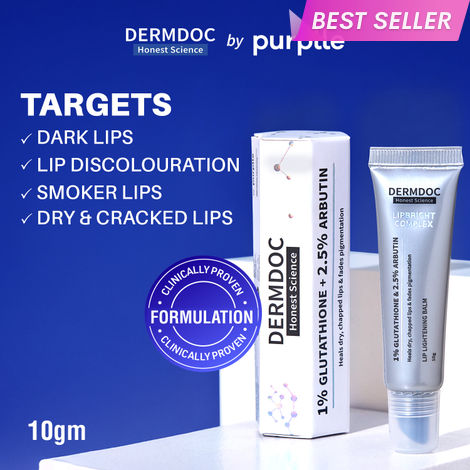 Buy DERMDOC LipBright Treatment 1% Glutathione + 2.5% Arbutin Lip Balm (10 gm) | Brightening Lip Balm for Chapped Lips, Pigmented Lips, & Smoker Lips-Purplle