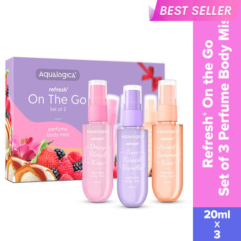 Buy Aqualogica Refresh+ On the Go Set of 3 Perfume Body Mist 3 x 20 ml for Women Perfume Set For Women I Long Lasting Fragrance Warm Sweet & Floral Fragrance | Double Duty Mist for Hair & Body|Tested on Gen Z-Purplle
