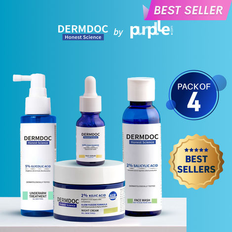 Buy DERMDOC Combo Kit of Best-Sellers | 10% Niacinamide Serum (15 ml) | 5% Glycolic Acid Underarm Brightening Spray (100 ml) | 2% Kojic Acid Night Cream (50 gm) | 2% Salicylic Acid Face Wash (120 ml) | Value Pack - Combo of 4-Purplle