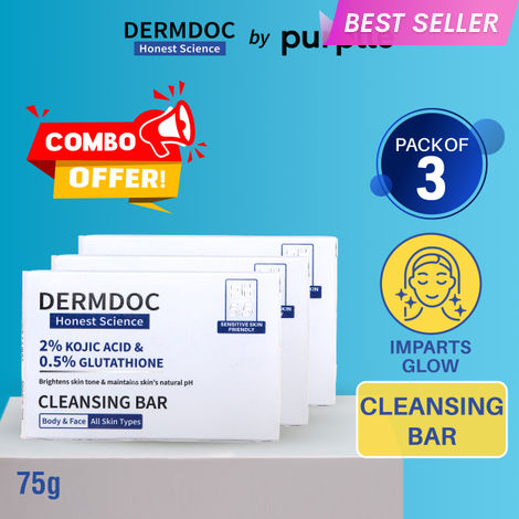 Buy DERMDOC by Purplle 2% Kojic Acid and 0.5% Glutathione Cleansing Bar (75g each) Pack of 3 | Brightening | Gentle Cleansing Action | Sensitive Skin Friendly-Purplle