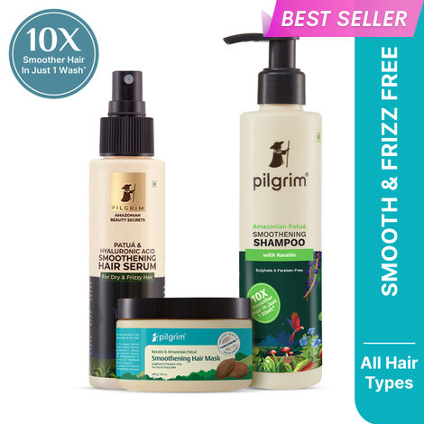 Buy Pilgrim Patua Hair Essential Trio | Smoothening Shampoo | Conditioner | Serum for Frizz-Free Nourished Hair | Sulfate-Free | 200 ml + 200 ml + 100 ml,Combo of 3 Haircare KIt-Purplle