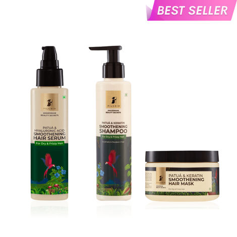 Buy Pilgrim Patua Hair Essential Trio | Smoothening Shampoo | Conditioner | Serum for Frizz-Free Nourished Hair | Sulfate-Free | 200 ml + 200 ml + 100 ml,Combo of 3 Haircare KIt-Purplle