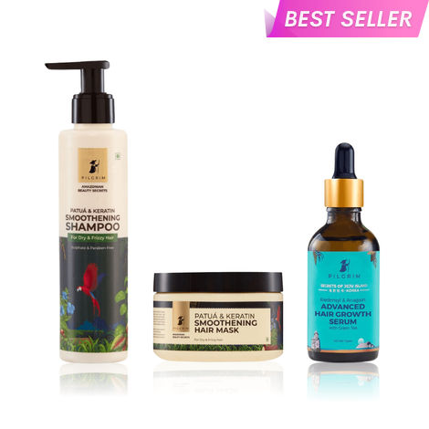 Buy Pilgrim Shine & Revive Hair Care Combo of 3| Patua & Keratin Smoothening Shampoo 200 ml + Hair Mask 200 ml + Redensyl‑Anagain Hair Growth Serum 50 ml | Frizz‑Free, Strong Hair | Hair Fall Control-Purplle