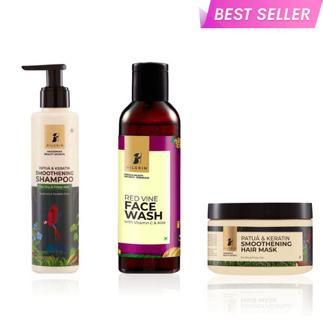 Buy Pilgrim Everyday Cleansing Haircare Kit-Patua & Keratin Shampoo (200 ml), Hair Mask (200 ml) & Red Vine Face Wash (100 ml) | Frizz-Free Hair & Clear Skin | Sulfate-Free|For Men & Women, Combo of 3-Purplle