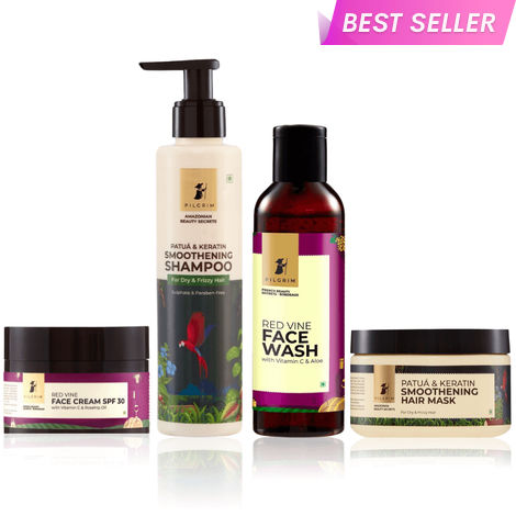 Buy Pilgrim Daily Essential Combo of 4- Hair Smoothening Shampoo (200 ml), Hair Mask (200 ml), Red Vine Face Wash (100 ml) & Face Cream SPF 30 (50 gm) | Nourishes Hair & Brightens Skin-Purplle