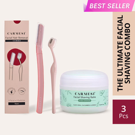 Buy Carmesi Women's Facial Hair Removal Combo | 1 Facial Razor, 1 Eyebrow Razor, 1 Facial Shaving Balm | Instant & Painless Hair Removal | For Eyebrows, Upper Lip, Forehead, Peach Fuzz, Chin and Sideburns - Combo of 2-Purplle