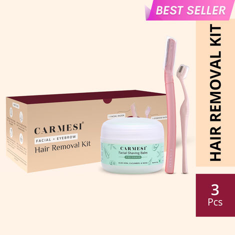 Buy Carmesi Women's Face Hair Removal Kit | 1 Face Razor, 1 Eyebrow Razor, 1 Facial Shaving Balm | Instant & Painless Hair Removal | For Eyebrows, Upper Lip, Forehead, Peach Fuzz, Chin and Sideburns - 3 Pcs-Purplle