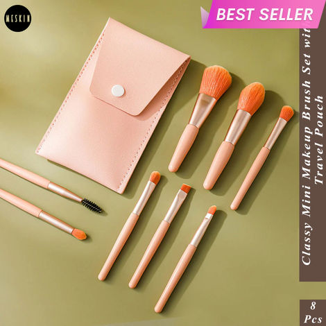 Buy MeSkin Eight pcs Classy Mini Makeup Brush Set with Storage Pouch (Available in asorted colors) Pack of 8-Purplle