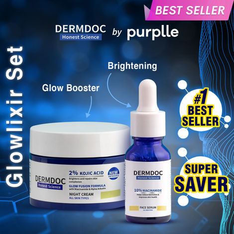 Buy DERMDOC Glowlixir Set | Kojic Acid Glow Fusion Formula Night Cream (50 gm) | Niacinamide Face Serum (15 ml) | Glow | Brightening-Purplle