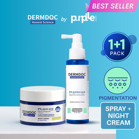 Buy DERMDOC Combo Kit Brighten Up Combo | 2% Kojic Acid Glow Fusion Formula Night Cream (50 gm) & 5% Glycolic Acid Underarm Spray (100 ml)-Purplle