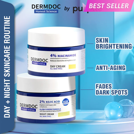 Buy DERMDOC by Purplle 2% Kojic Acid Night Cream with Niacinamide & Alpha Arbutin for Skin Brightening (50 gm) | 4% Niacinamide Face Cream for Clear & Bright Skin (50 gm)-Purplle