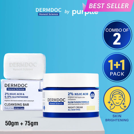 Buy DERMDOC by Purplle Glow & Cleanse Duo (Combo of 2) 2% Kojic Acid Glow Fusion Formula Night Cream (50 gm) | 2% Kojic Acid and 0.5% Glutathione Cleansing Bar (75 gm)-Purplle