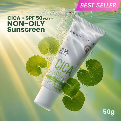 Buy Good Vibes CICA Brightening Glow Sunscreen SPF 50 PA++++|Cica Extract, 3% Niacinamide, & Hyaluronic Acid|Brightening Sunscreen|Lightweight Aqua Gel|Non-Greasy|No White Cast|Fragrance-Free|Suitable for All Skin Types|Suitable for Oily Skin - 50 gm-Purplle