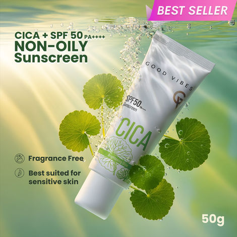 Buy Good Vibes CICA Brightening Glow Sunscreen SPF 50 PA++++|Cica Extract, 3% Niacinamide, & Hyaluronic Acid|Brightening Sunscreen|Lightweight Aqua Gel|Non-Greasy|No White Cast|Fragrance-Free|Suitable for All Skin Types|Suitable for Oily Skin - 50 gm-Purplle