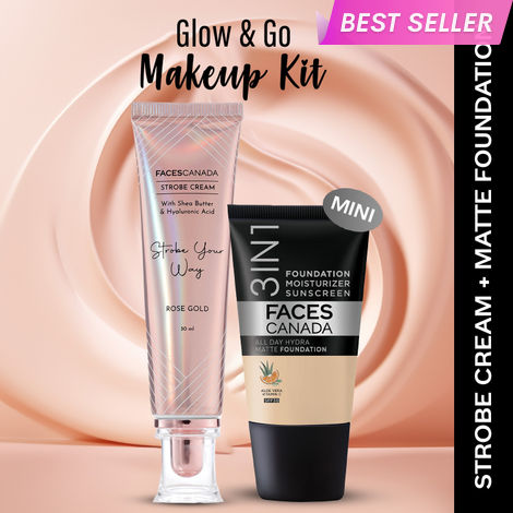 Buy FACES CANADA Rose Glow Kit 2 | Rose Gold Strobe Cream (30 ml) + Hydra Matte Foundation (Mini) - Absolute Ivory (18 ml) | Makeup Kit For Women (Combo Pack Of 2)-Purplle