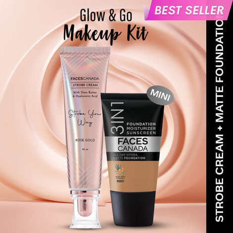 Buy FACES CANADA Rose Glow Kit 6 | Rose Gold Strobe Cream (30 ml) + Hydra Matte Foundation (Mini) - Warm Sand (18 ml) | Makeup Kit For Women (Combo Pack Of 2)-Purplle