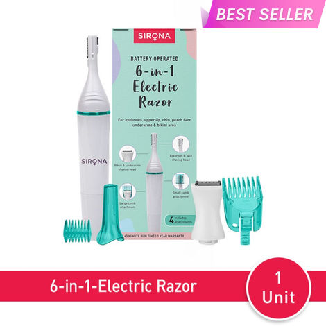 Buy Sirona 6-in-1 Electric Razor for Women | For Eyebrows, Upper Lips, Chin, Peach Fuzz, Underarms & Bikini Area | Pain-Free Hair Removal at Home | Battery Operated Pack of 1-Purplle
