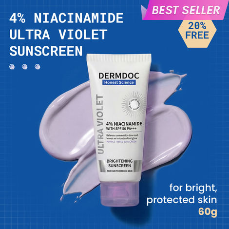 Buy DERMDOC SPF 50 4% Niacinamide Ultra Violet Brightening Sunscreen (60 gm) | PA+++ | Sunblock I Sunscreen for Oily Skin I UV Protection I Shine Free Formula&nbsp;| 60g for the Price of 50g (20% EXTRA FREE!)-Purplle