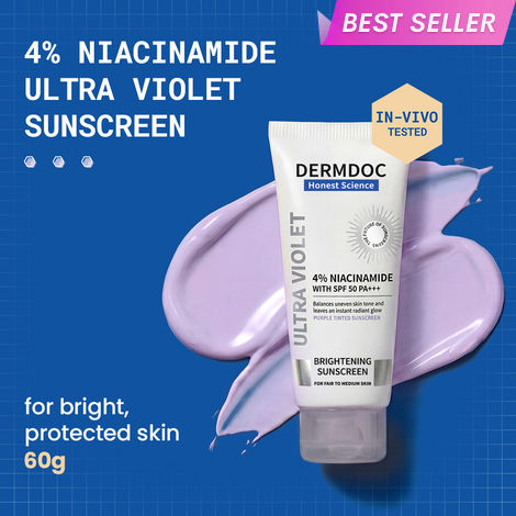 Buy DERMDOC SPF 50 4% Niacinamide Ultra Violet Brightening Sunscreen (60 gm) | PA+++ | Sunblock I Sunscreen for Oily Skin I UV Protection I Shine Free Formula&nbsp;| 60g for the Price of 50g (20% EXTRA FREE!)-Purplle