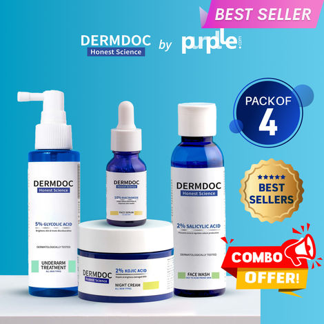 Buy DERMDOC Combo Kit of Best-Sellers | 10% Niacinamide fACE Serum (15 ml) | 5% Glycolic Acid Underarm Brightening Spray (100 ml) | 2% Kojic Acid Night Cream (50 gm) | 2% Salicylic Acid Face Wash (120 ml) | Value Pack Combo of 4-Purplle