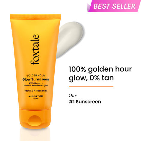 Buy Foxtale SPF 50 Vitamin C & Niacinamide Glow Sunscreen with PA++++ | Lightweight, Fast Absorbing | UVA & UVB Filters | Prevents Tanning, No White Cast | Non-Greasy | For Men & Women, All Skin Types - 80 ml-Purplle
